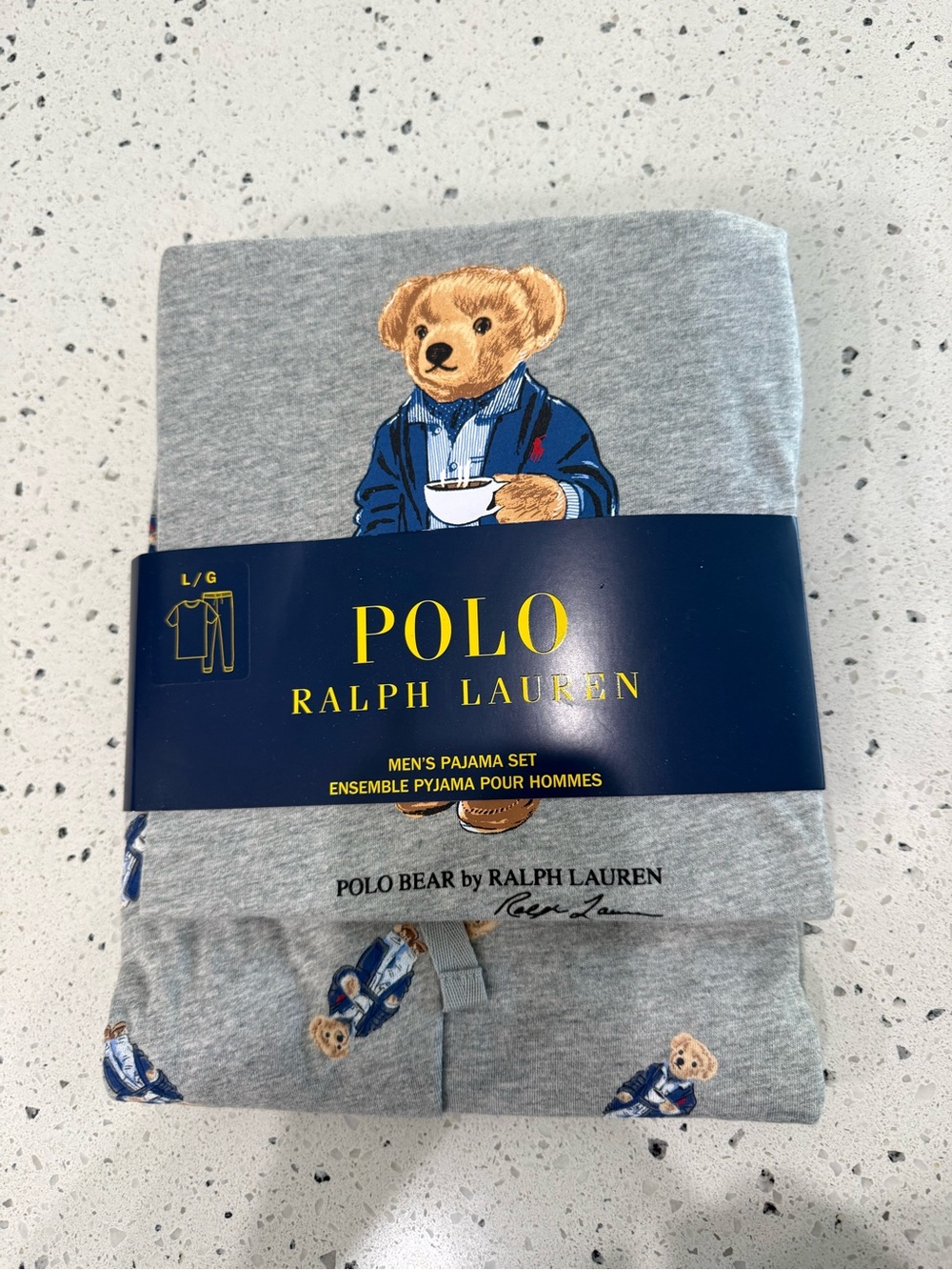 New mens Polo Ralph Lauren Sz L Gray Bear Print Pajama Set with Navy Accents